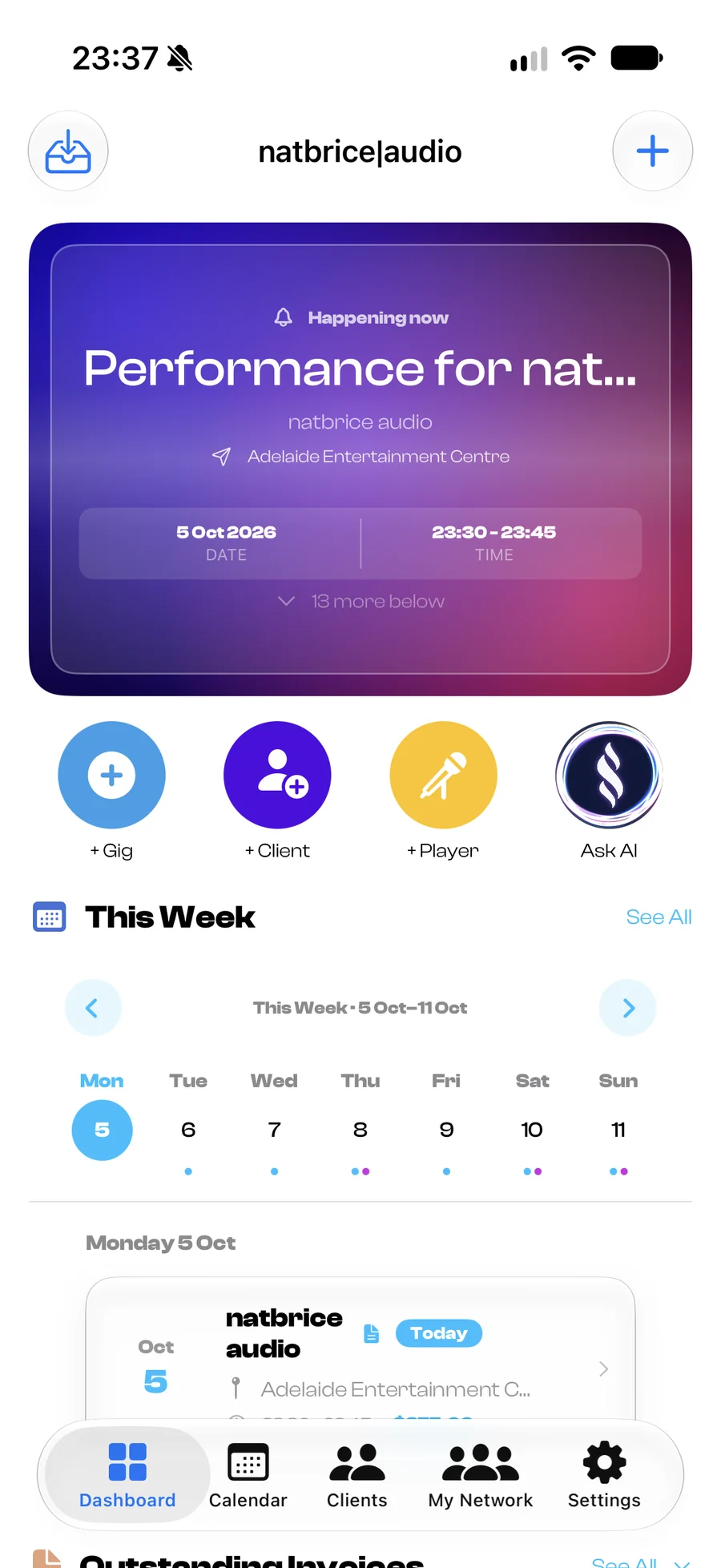 SessionsNV dashboard showing upcoming gigs and weekly calendar