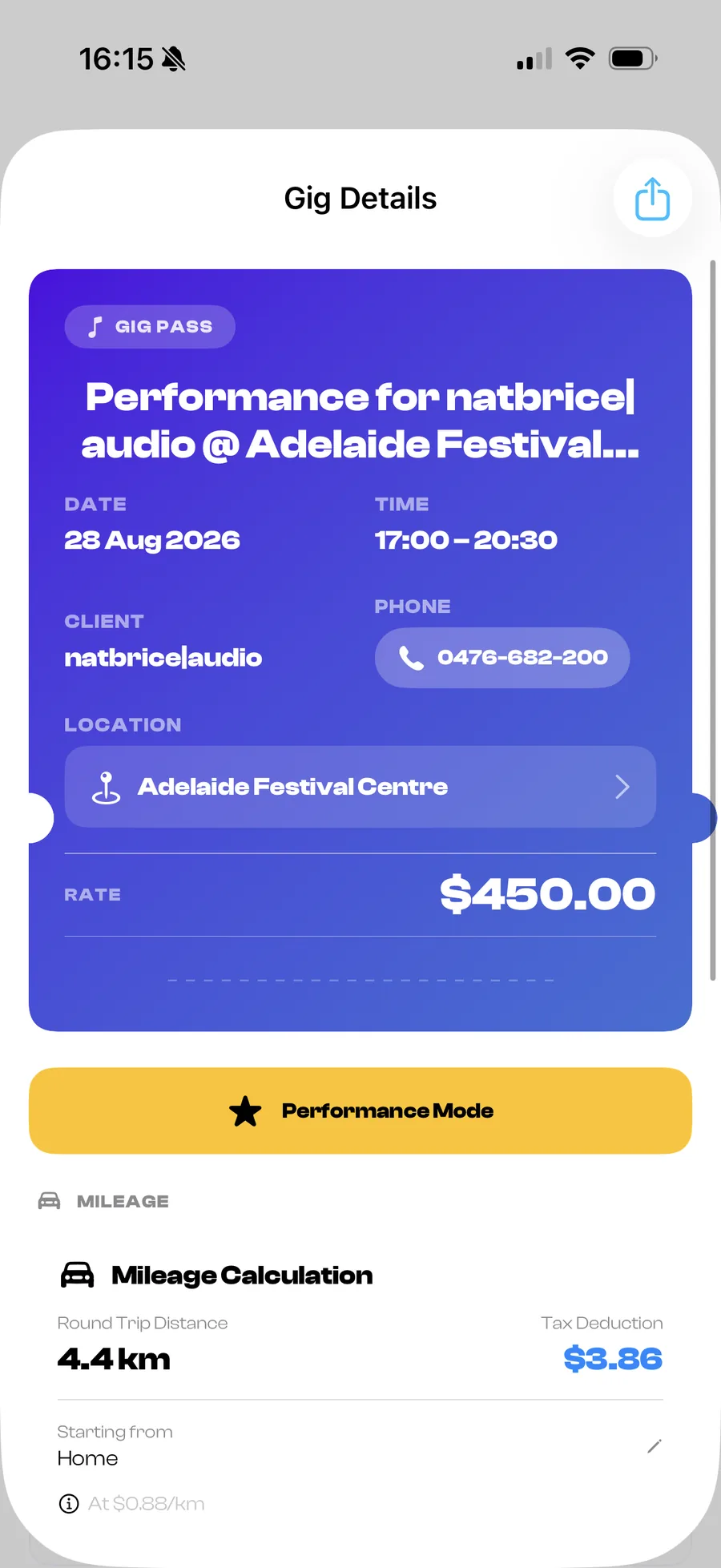 Gig details screen showing location, players and invoice