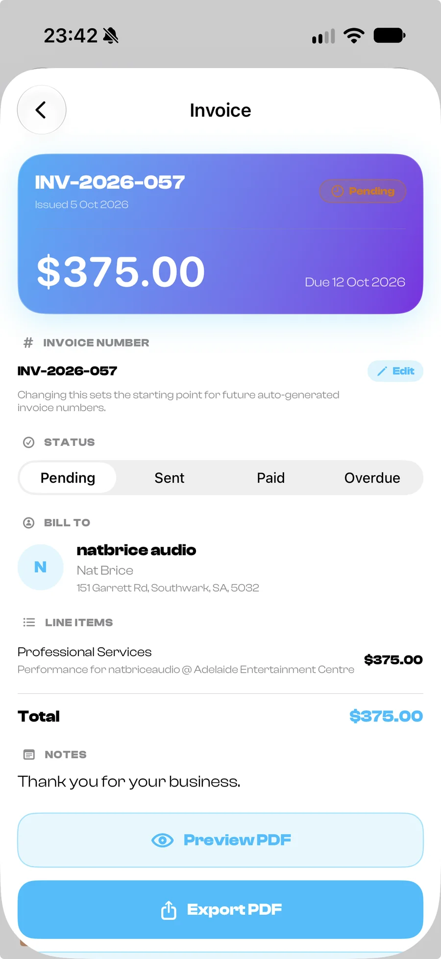 Invoice list showing pending and sent invoices